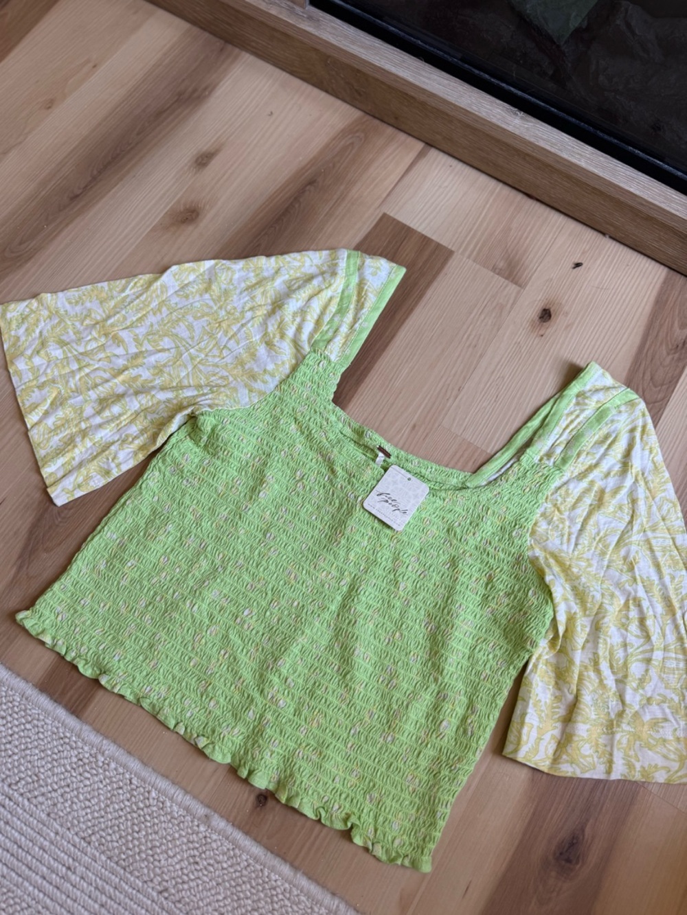 Free People Lime Smocked Square-Neck Crop Top with Printed Bell Sleeves